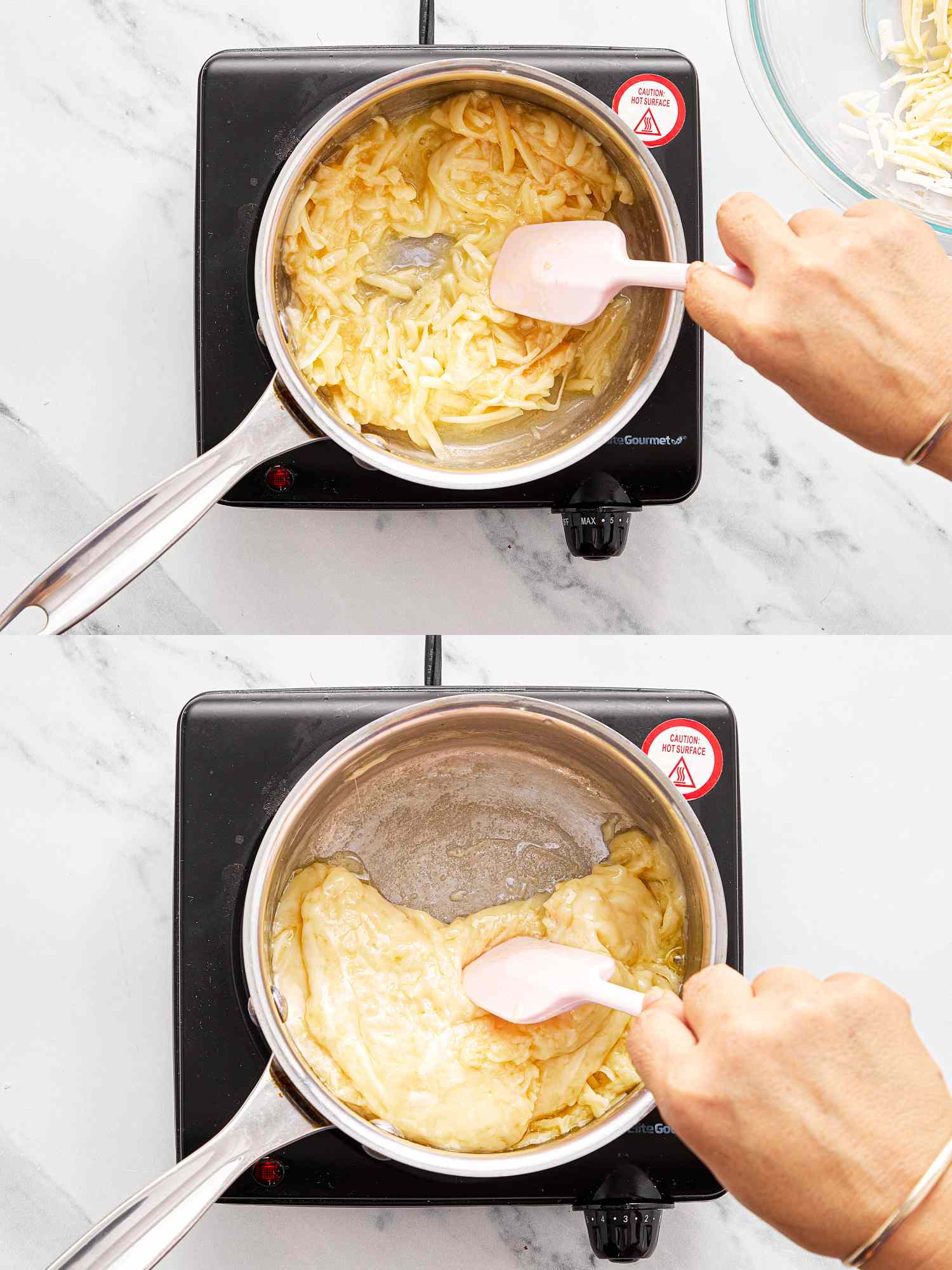 Cooking process on a stovetop with cheese in a pan stirred by a spatula