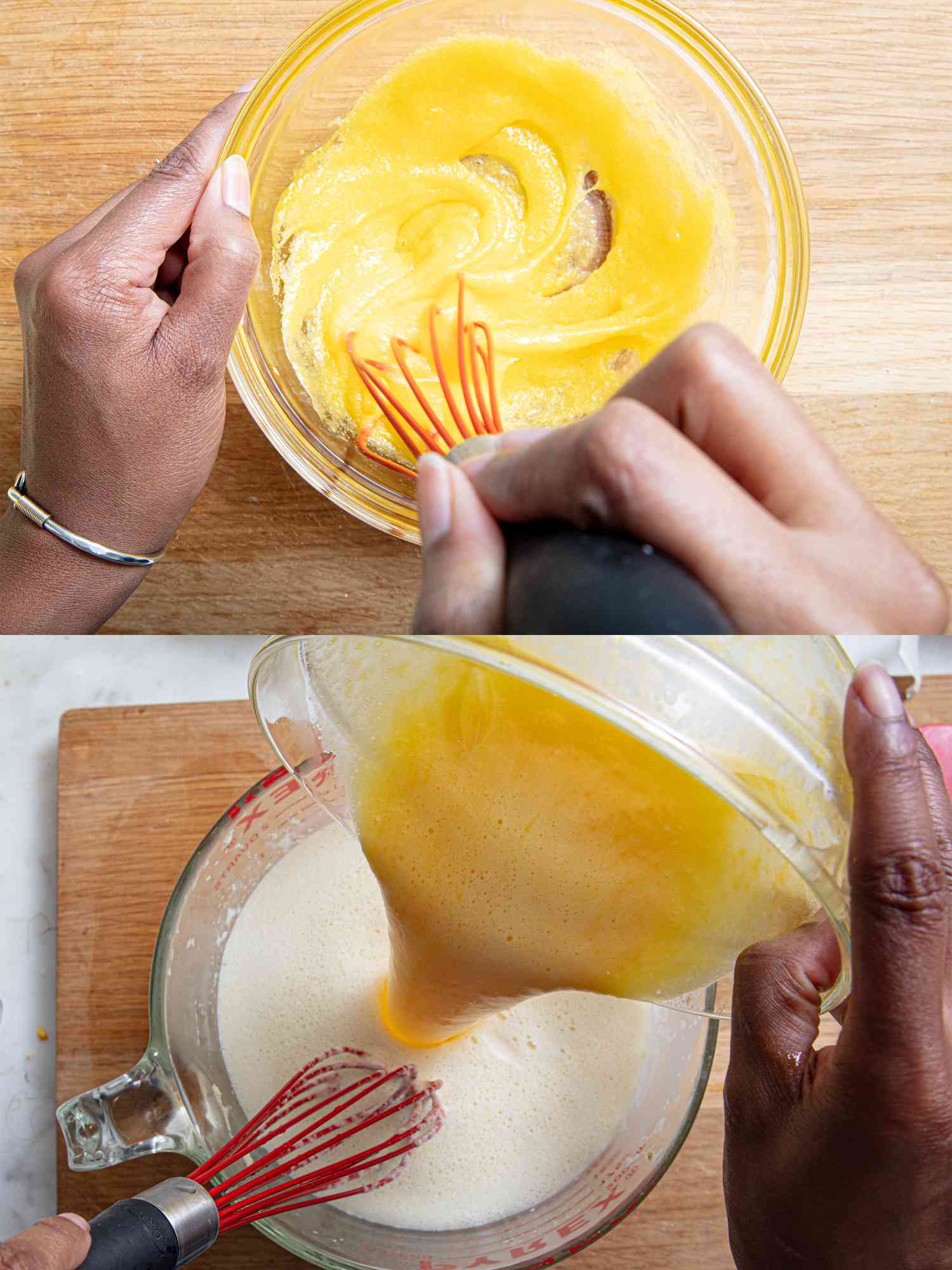 Two image collage of whisking custard 