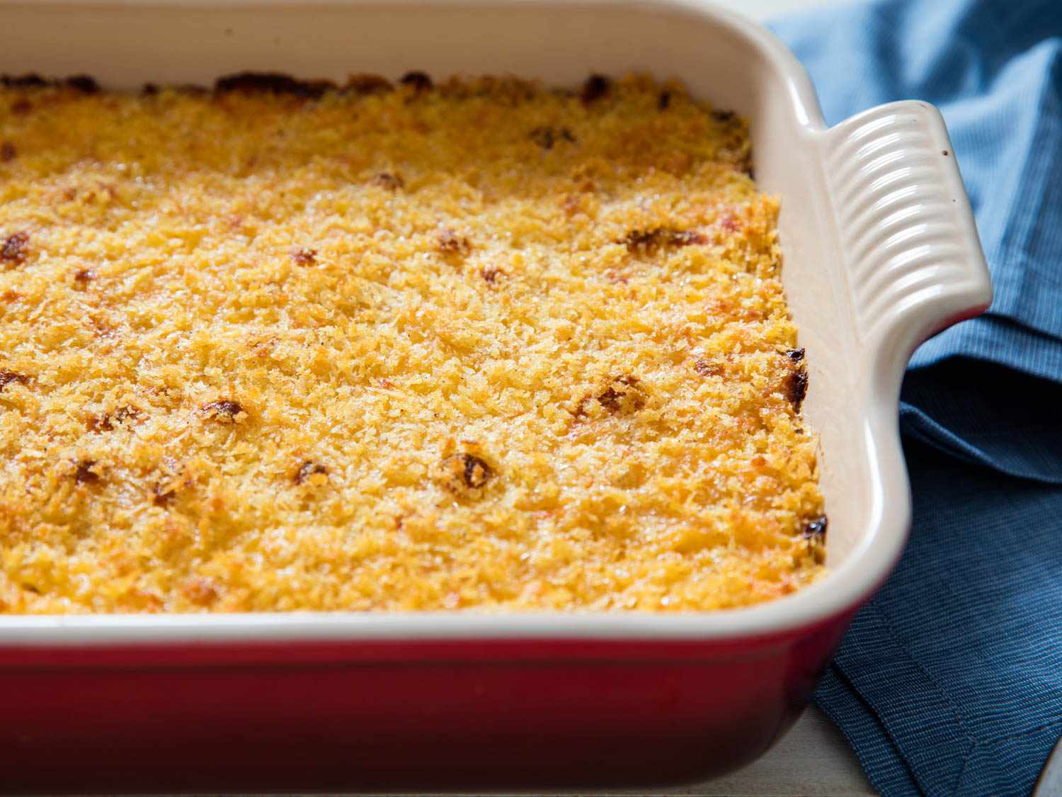 A bubbly, baked dish of macaroni and cheese.