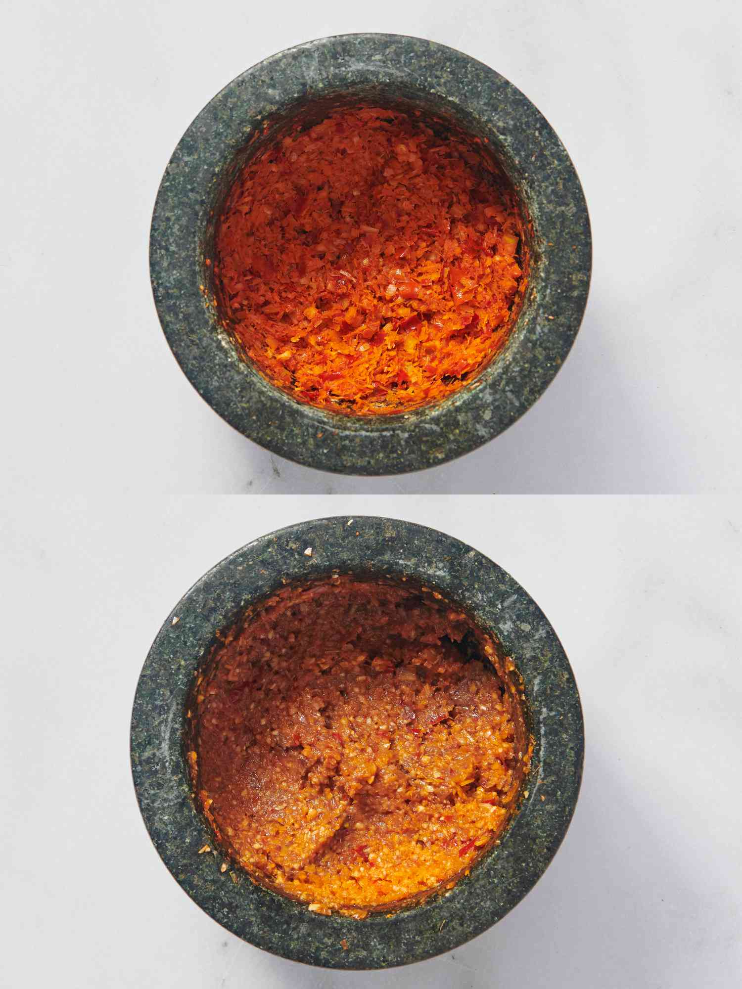 2 image collage. Top: Spices ground in mortar and pestle. Bottom: spices ground until a paste 
