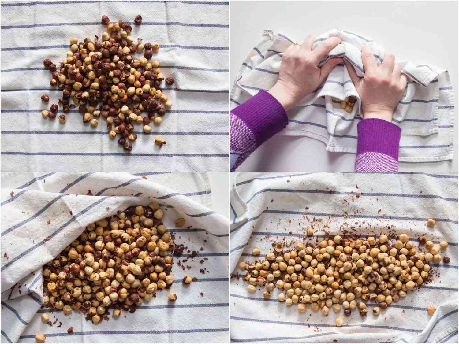 Skinning toasted hazelnuts by wrapping them in a towel and rubbing them.