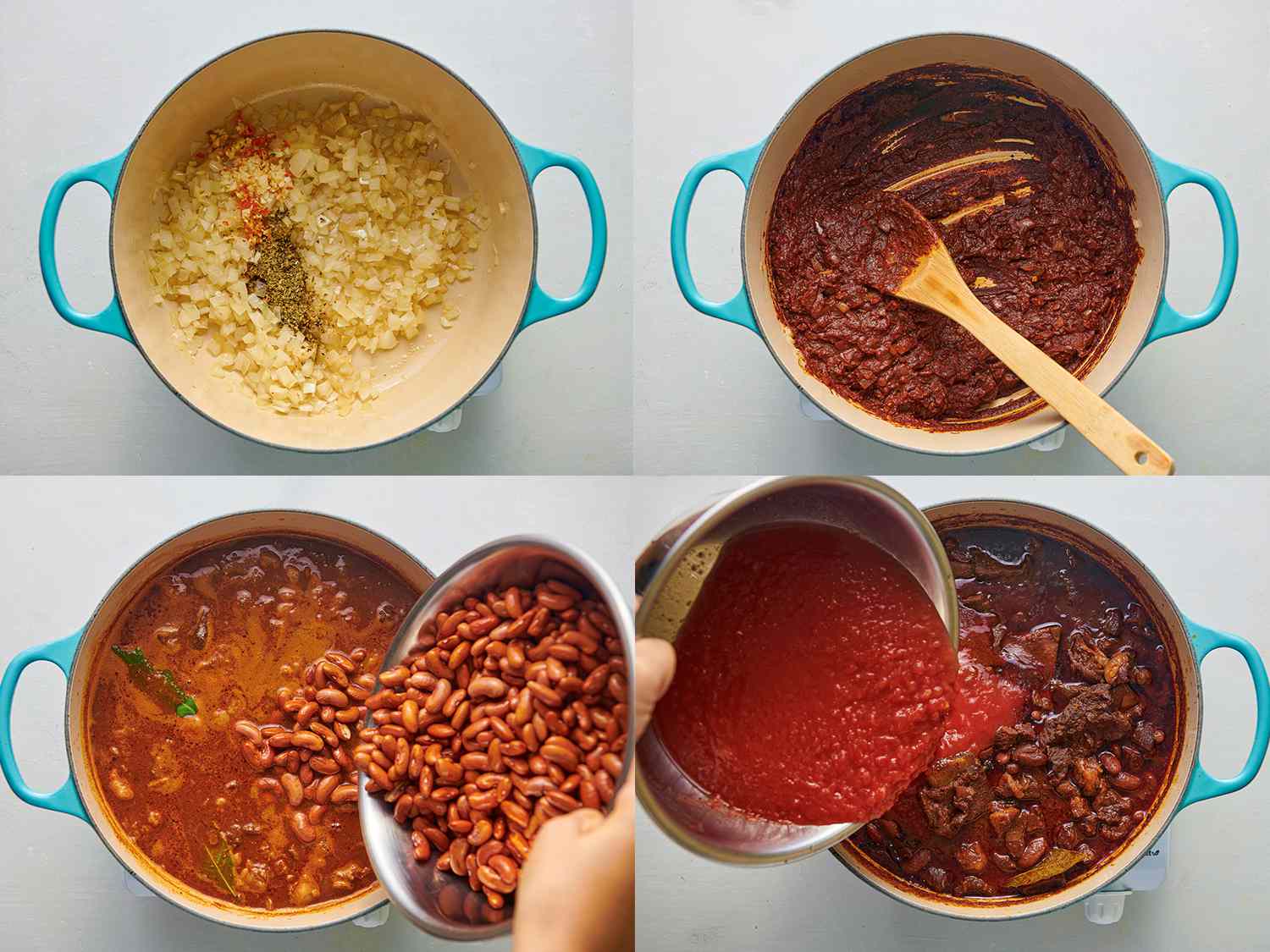A four-image collage. The top left image shows onions and dried spices added to the interior of a Dutch oven. The top right image shows the chile mixture beginning to fry in the Dutch oven. The bottom left image shows the soaked, rinsed beans being added to the Dutch oven, which now also includes liquid. The bottom right image shows tomatoes being added to the Dutch oven, which now also contains the chopped meat.