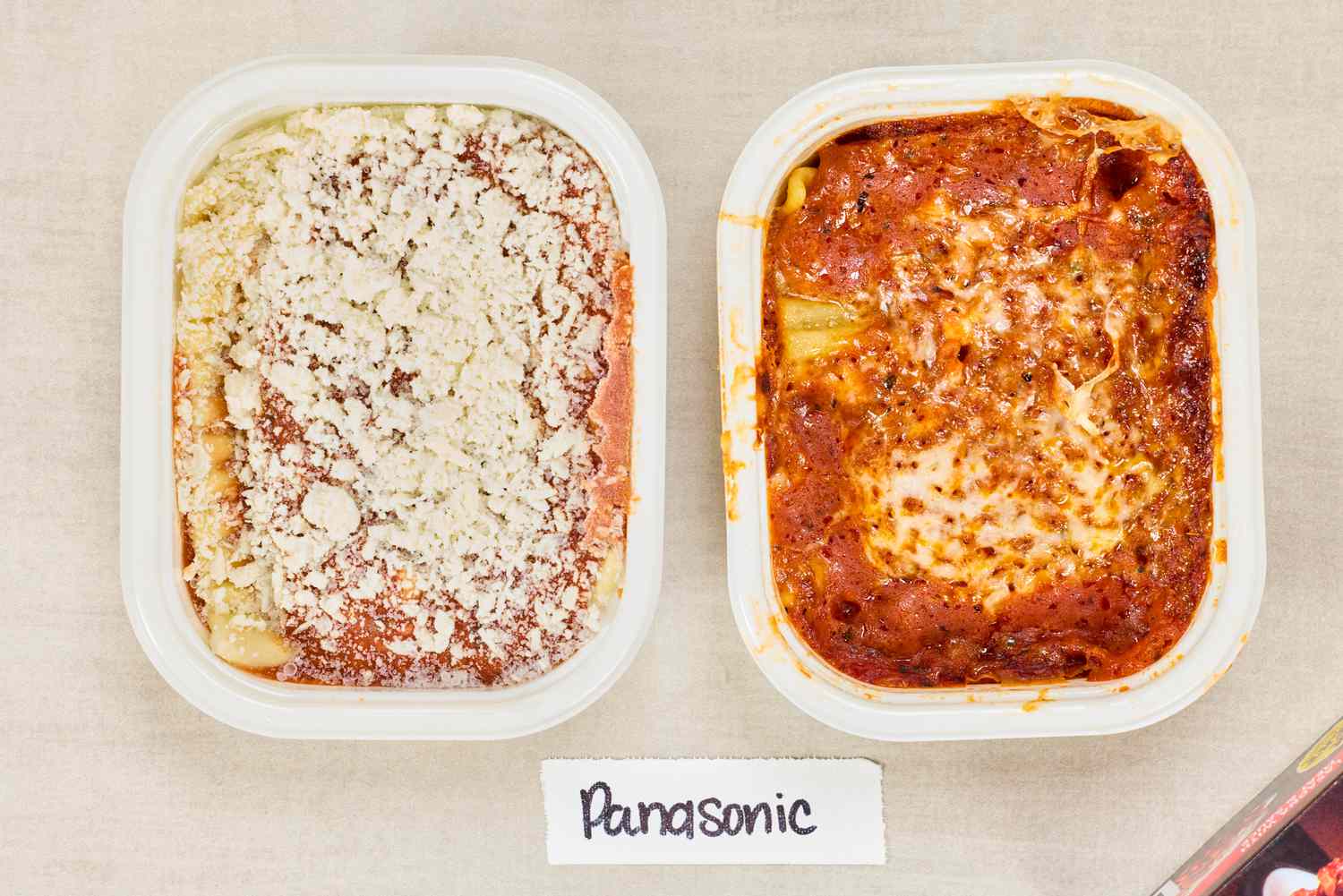 A meal cooked in the Panasonic - 2.2 Cu. Ft. 1250 Watt SD987SA Full-Size Microwave with Inverter next to an uncooked meal