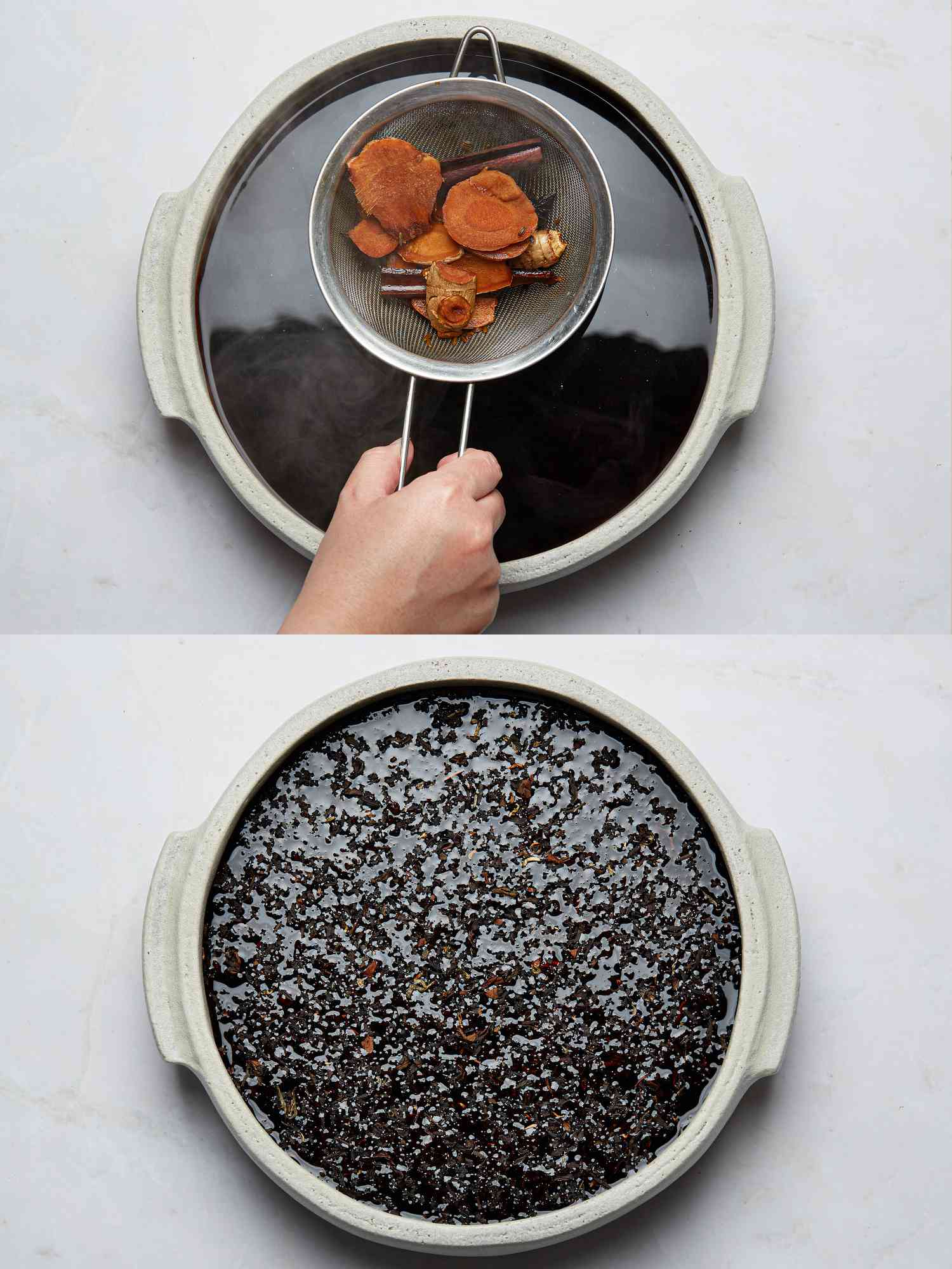 2 image collage. top: straining liquid through a fine mesh sieve. Bottom: Tea leaves in liquid 