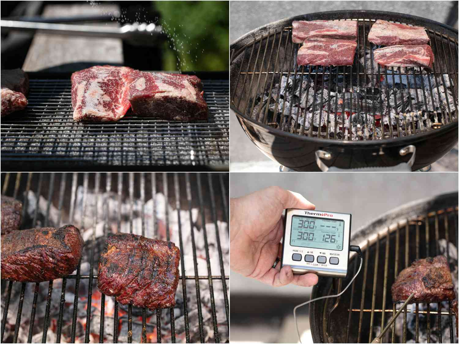 Collage: seasoning short rib with salt; 4 pieces of short rib on hot side of grill; a close up of grilled short rib; an instant-read digital thermometer showing 126 degrees Fahrenheit.