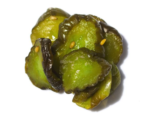 Round slices of green Japanese pickled cucumber