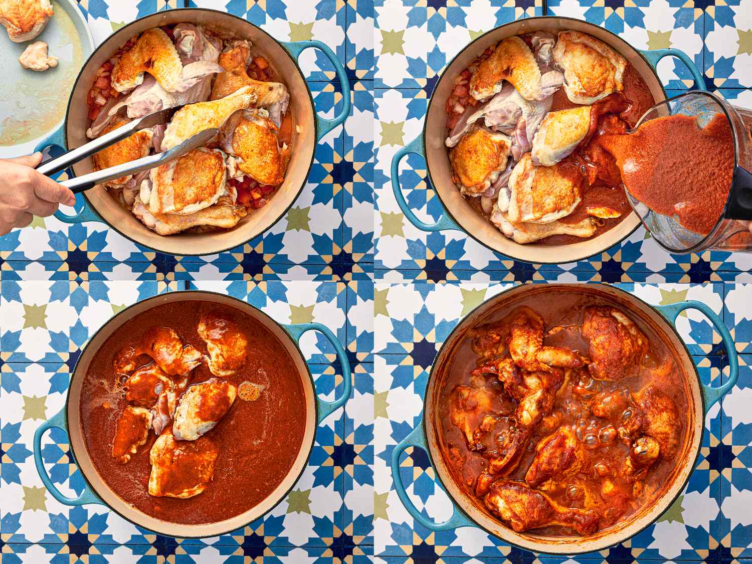 Preparation sequence of pollo guisado with chicken pieces and sauce in a pot