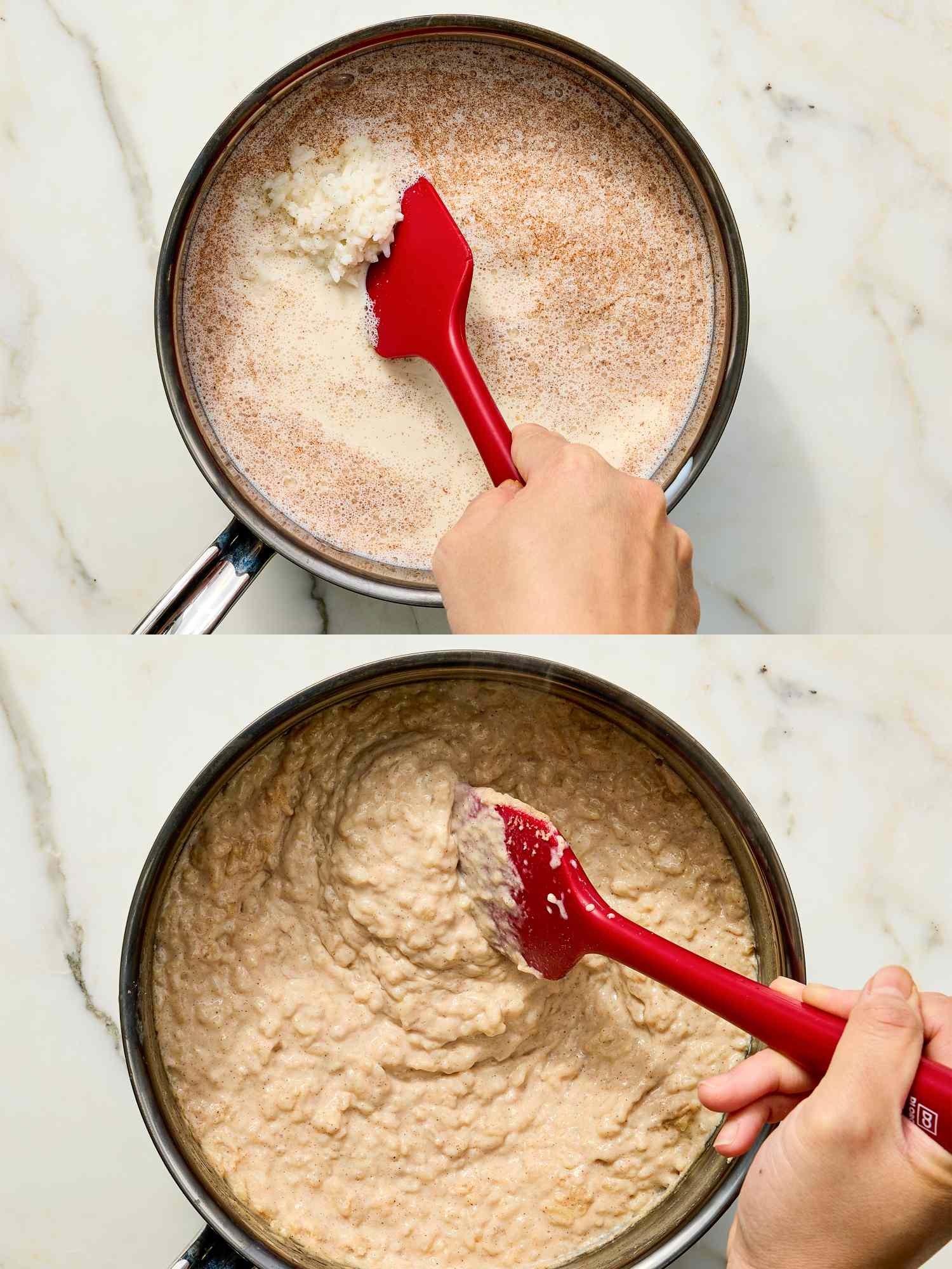 Twostep process of preparing rice pudding stirring ingredients in a saucepan with a red spatula