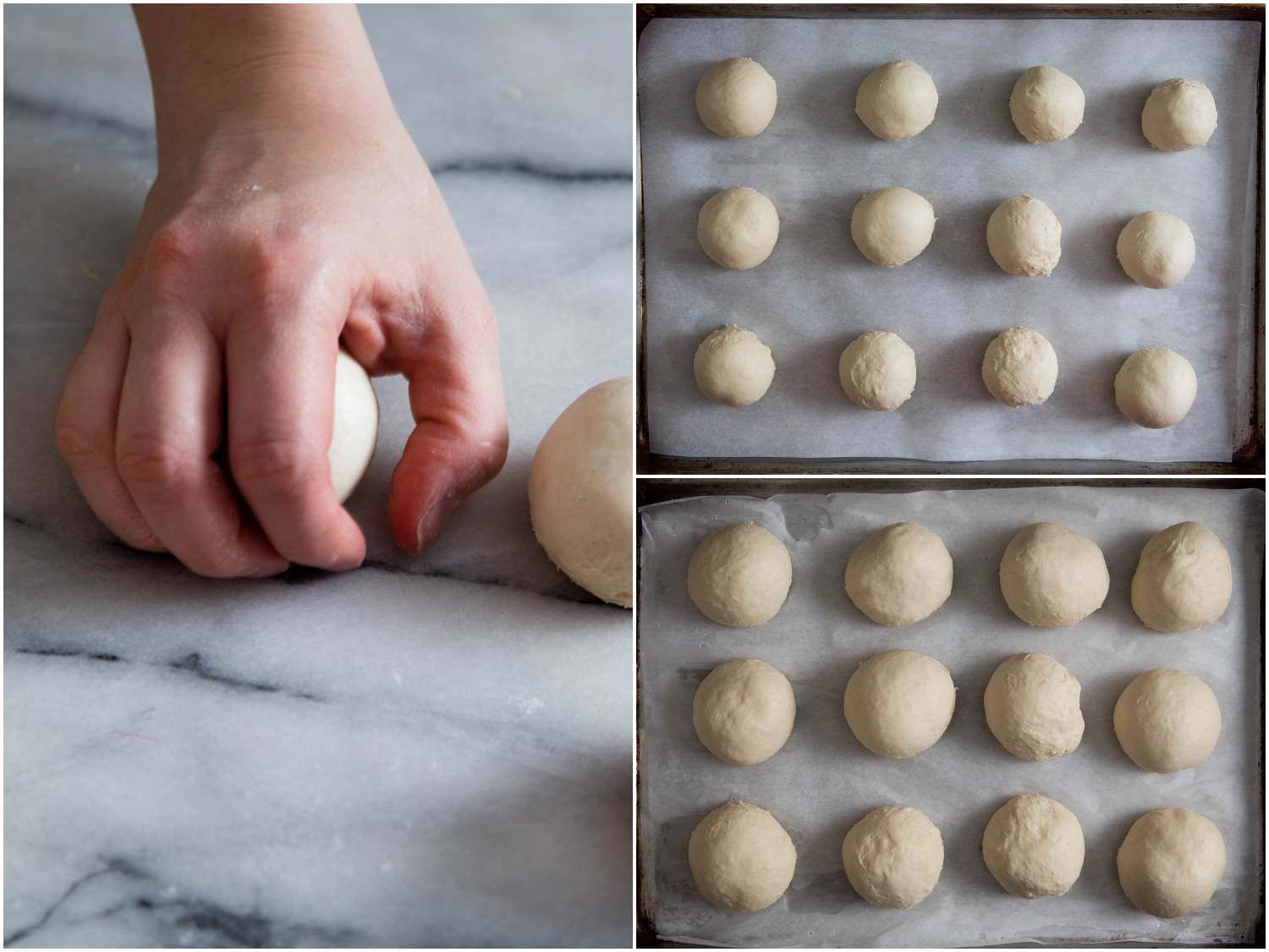A collage of rolling the dough into balls and arranging portions on a baking sheet lined with parchment paper. 