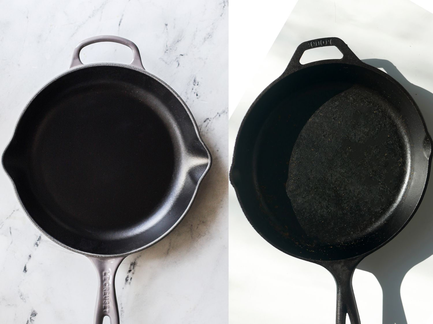 Two skillets side by side, a smooth enameled skillet on the left and a traditional cast iron skillet on the right