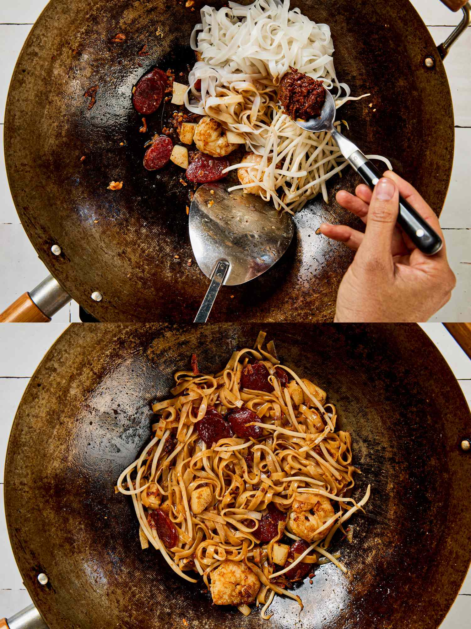 Twostep process of cooking char kway teow in a wok showing ingredients prepped and then mixed together