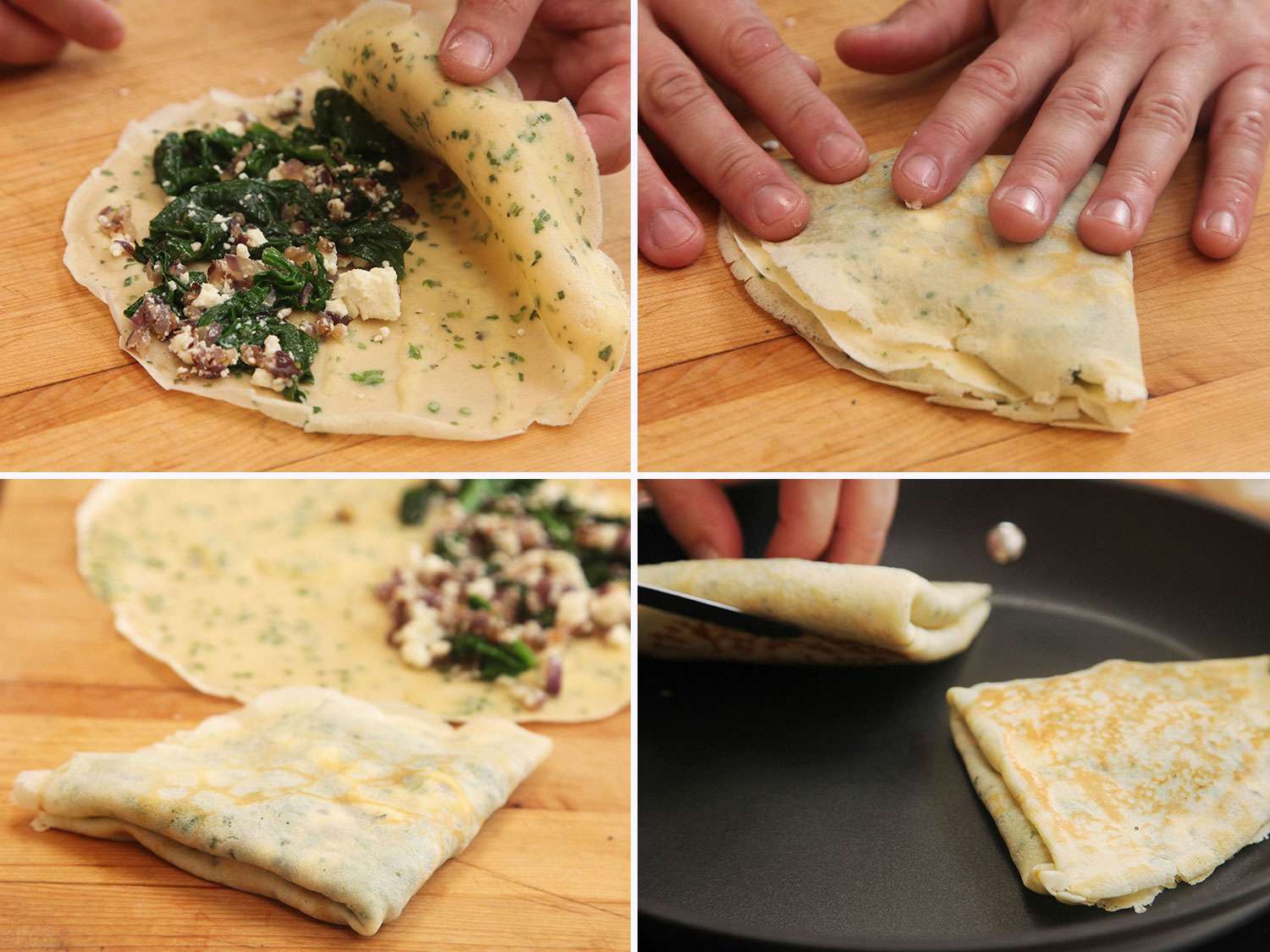 Collage of stuffing and folding a savory crepe: placing filling over half the crepe's surface, folding once in half, folding again in quarters, placing in pan