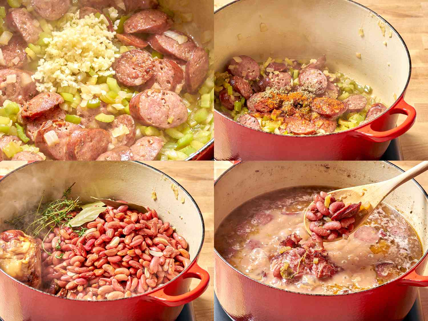 4-image collage: A pot of vegetables, sausage, and garlic cooking. Spices added to the pot, then beans and water.
