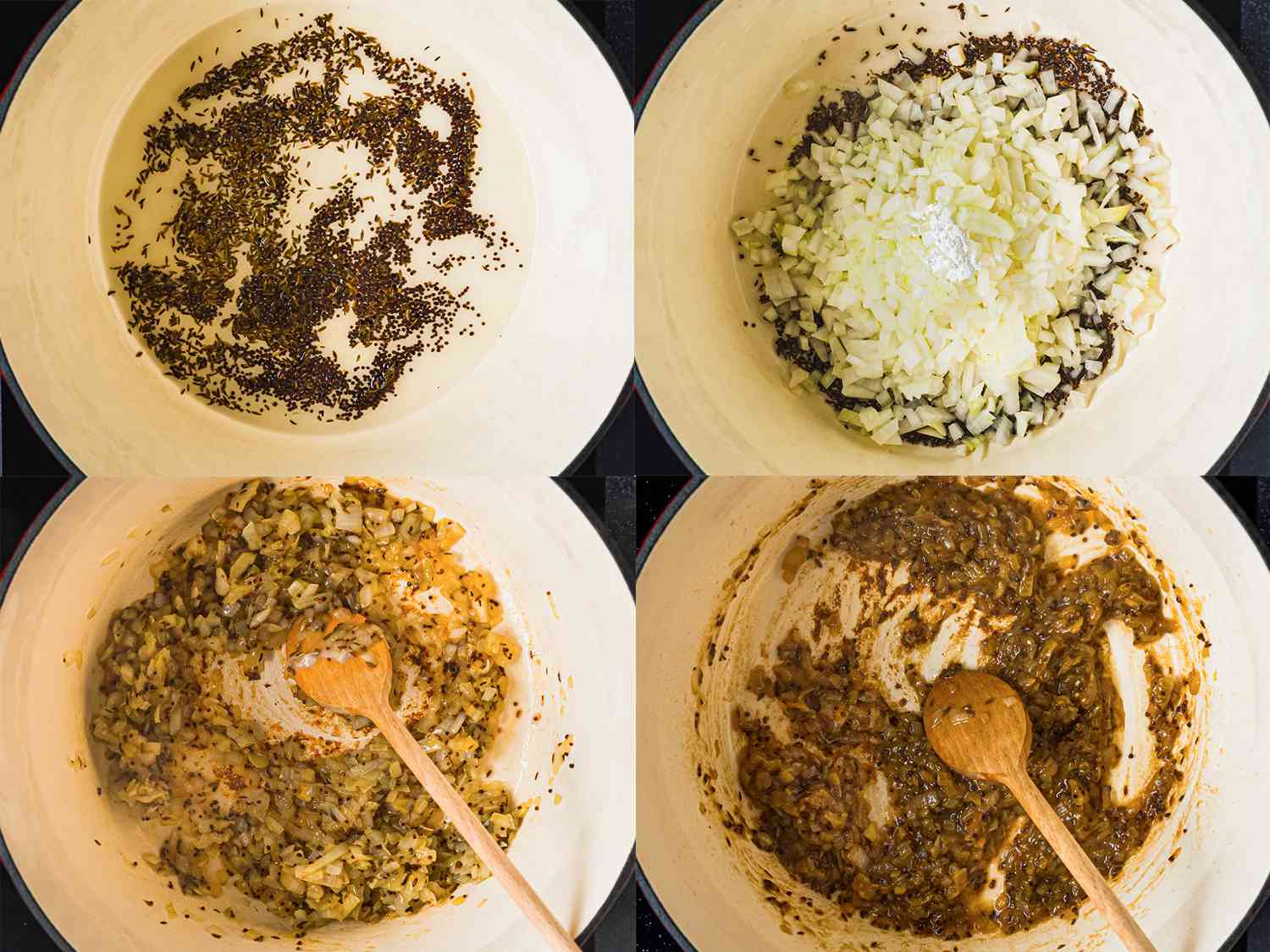 A four-image collage. The top left image shows mustard seeds and cumin frying in oil inside of a Dutch oven. The top right image shows onion and baking soda added to the Dutch oven. The bottom left image shows the fond (the brown bits stuck to the bottom of the Dutch oven) being scraped up by a wooden spoon. The bottom right image shows the contents of the Dutch oven now cooked and deeply browned.
