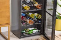 Wine Enthusiast 32-Bottle Dual Zone MAX Compressor Wine Cooler door open with wines in it