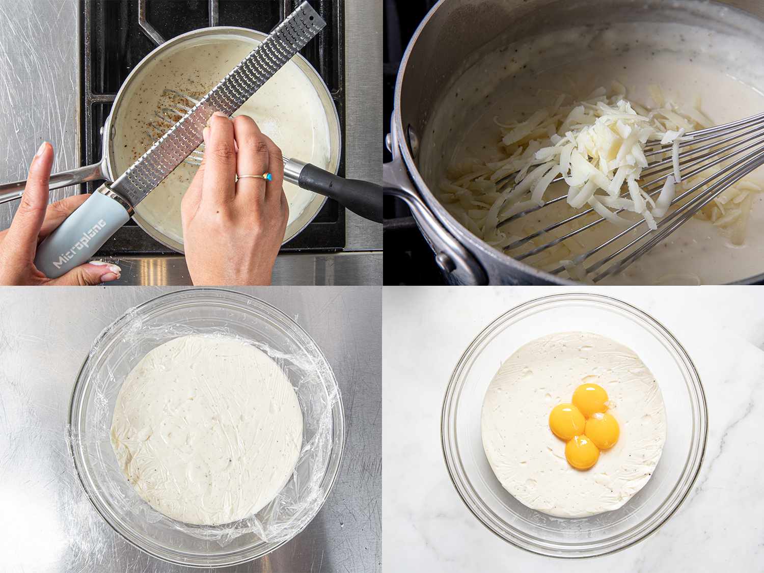 Four Image Collage. Top Left: Grating nutmeg into pot. Top Right: cheese being added to sauce. Bottom Right: Sauce transferred to a glass bowl, covered in plastic. Bottom Left: egg yolks added to sauce