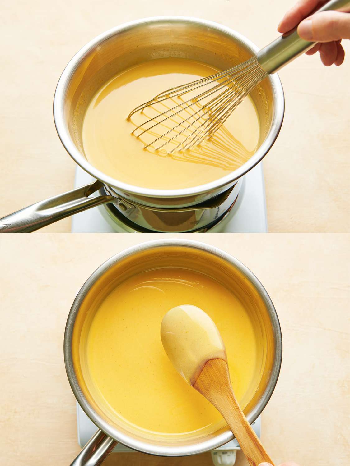 A two-image collage. The top image shows the bowl over the boiling water, with a whisk inserted. This is the liquid being cooked over the double-boiler. The bottom image shows the now-cooked liquid, with a wooden spoon inserted to show the custardy texture.