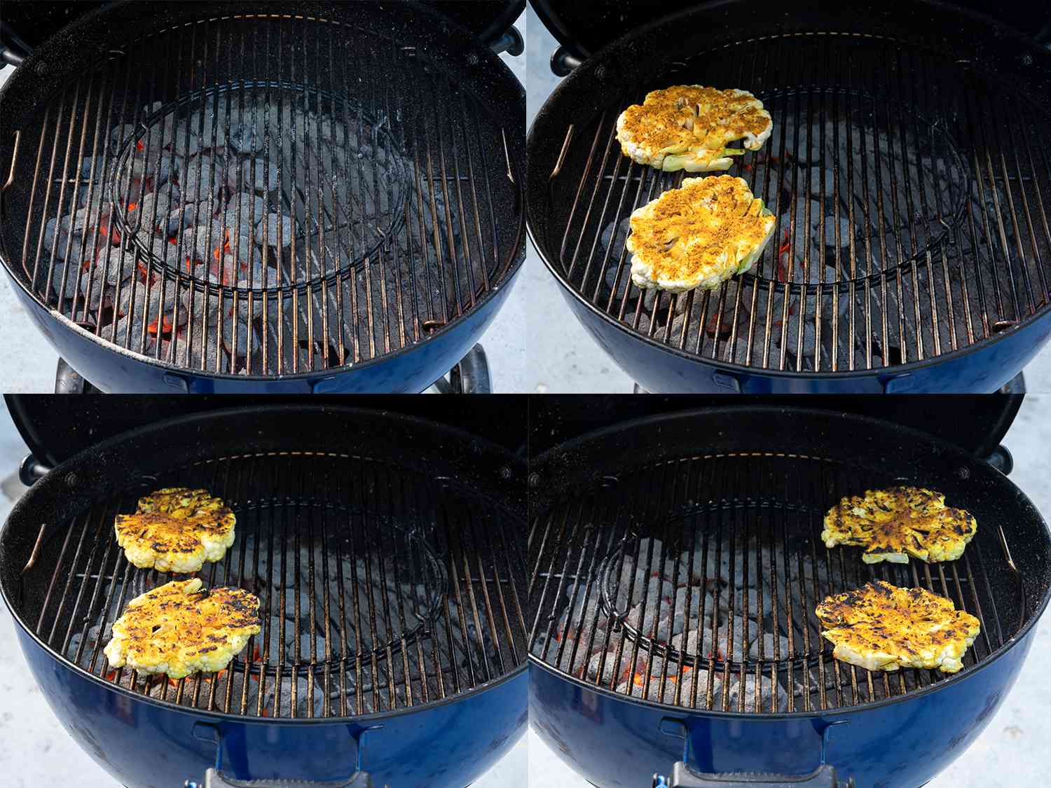 A four-image collage showing a charcoal grill prepped for cooking and then the cauliflower being moved to different parts of the grilling surface.