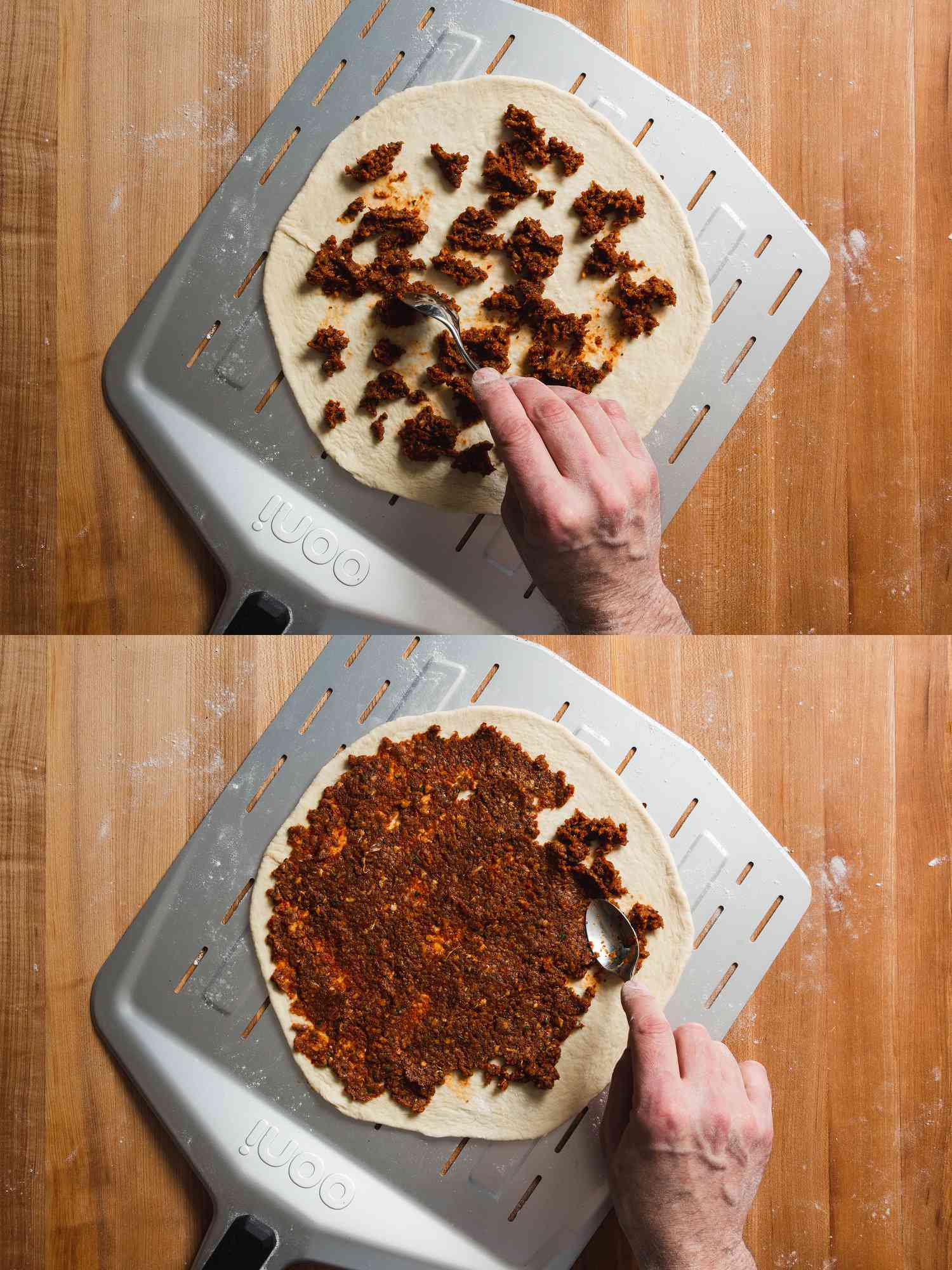 Scattered meat topping spread across flattened lahmajun dough