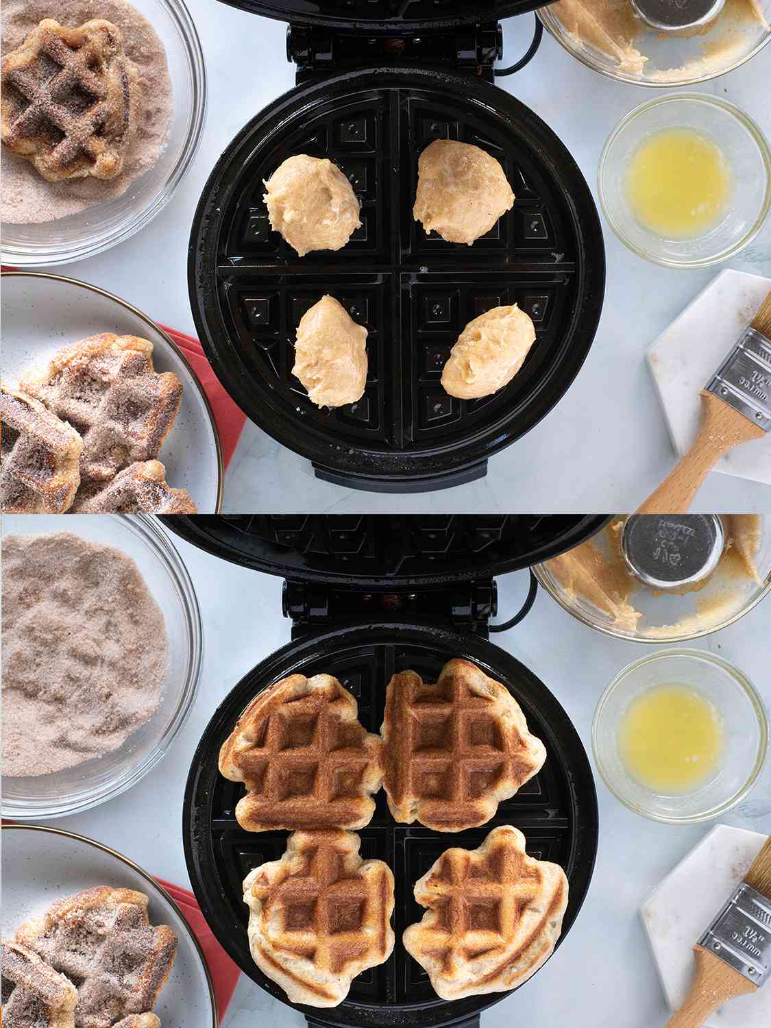 A two-image collage showing the batter added to the waffle iron, and then after the waffles have been cooked.