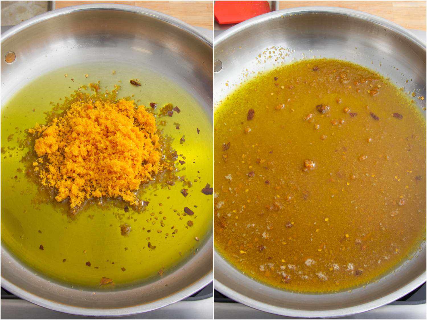 A split image with grated bottarga being added to the garlic and oil mixture and on the right the bottarga cooking in the pan. 