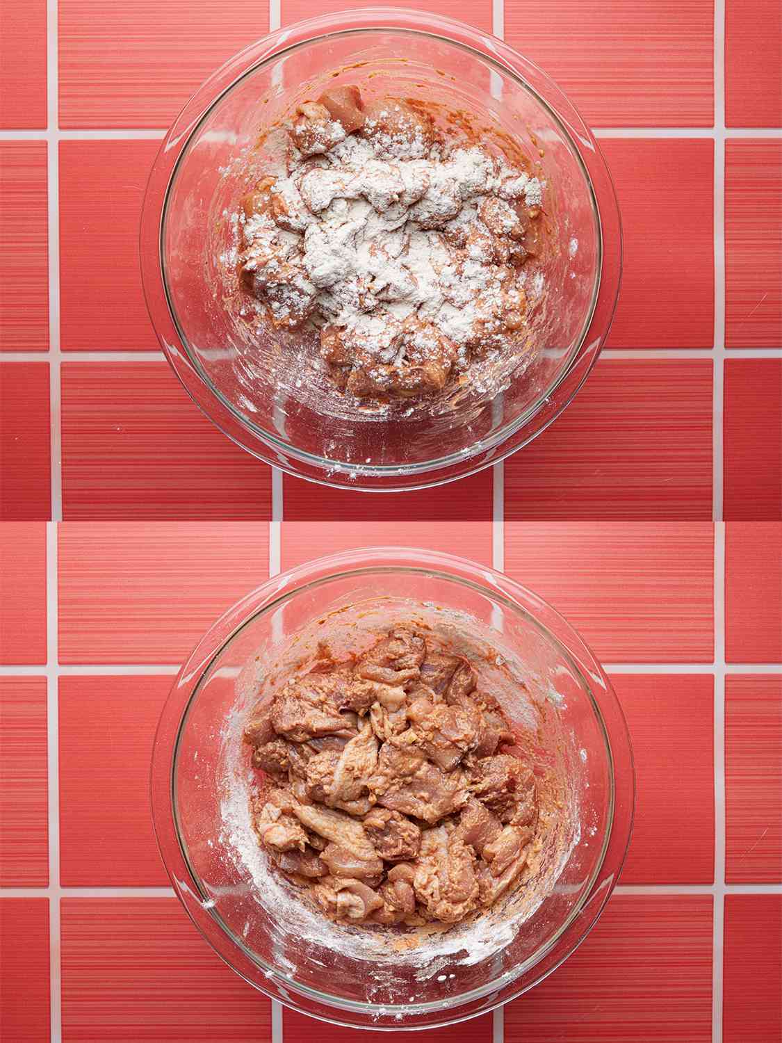 Two image collage of marinaded chicken before and after being coated with flour