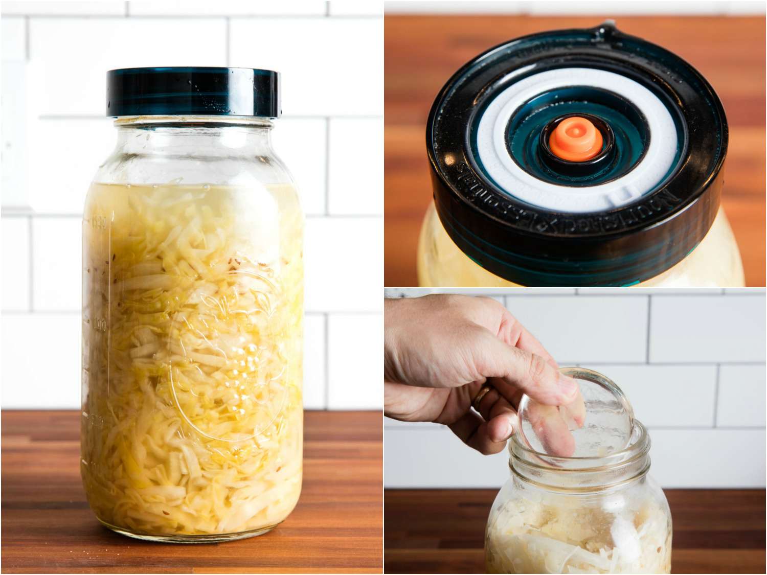 Three images of a canning jar full of sauerkraut that is fitted with an Easy Fermenter lid. One image shows the author slipping a glass weight into the jar.