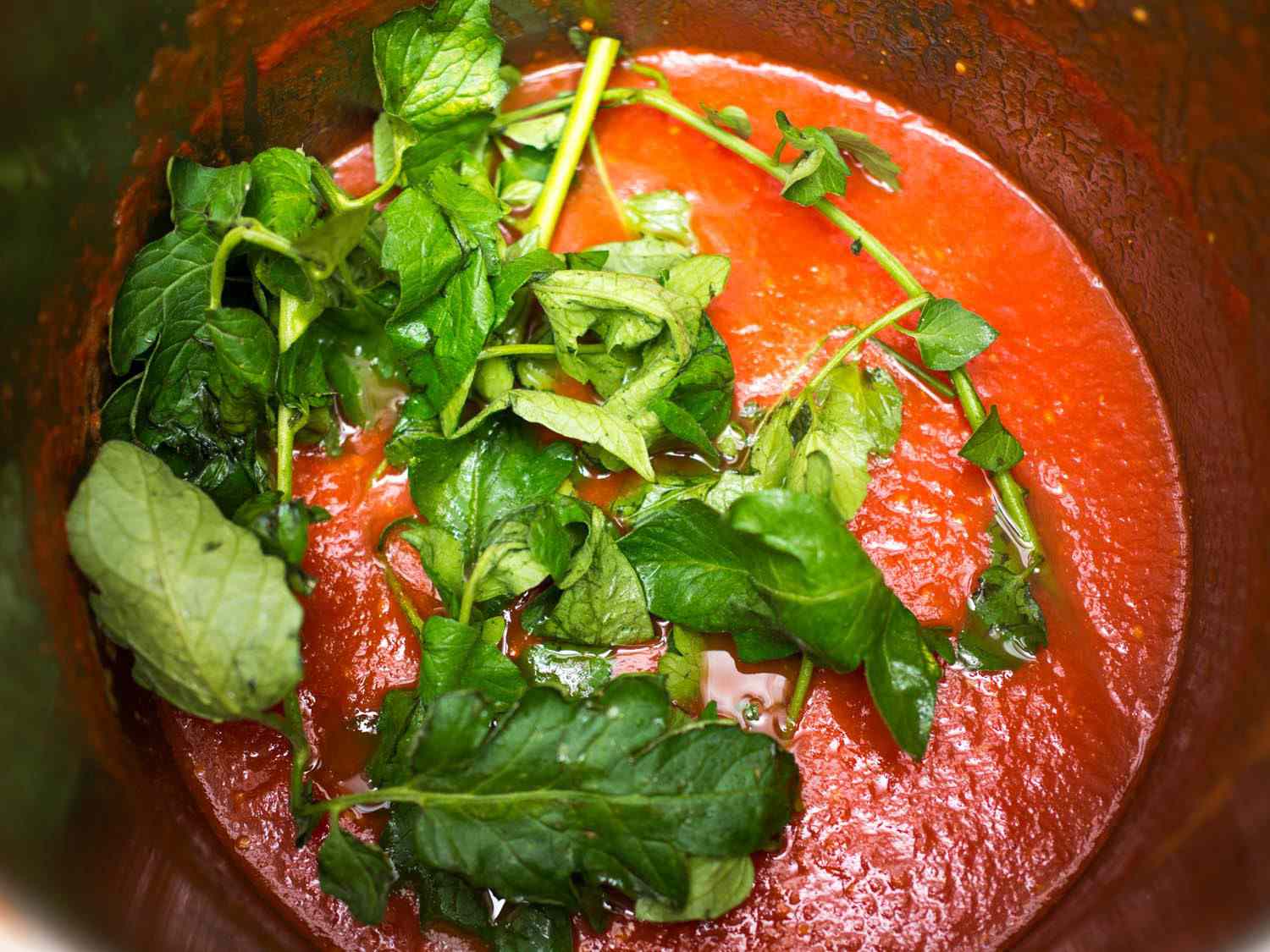 Tomato leaves and stems added to a pot of fresh tomato sauce.