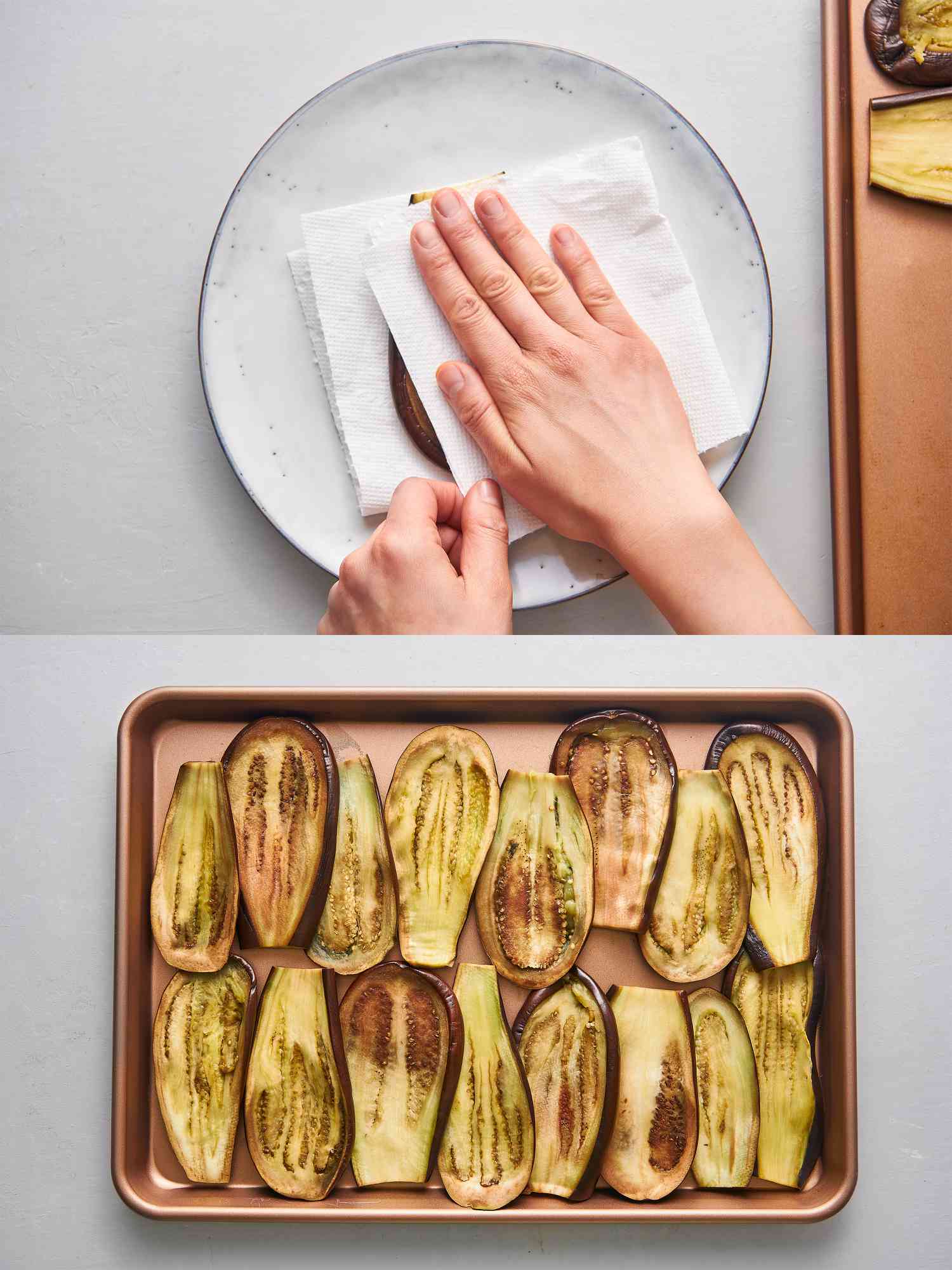 Pressing one piece of eggplant firmly between paper towels and compressed eggplant sliced on a large tray