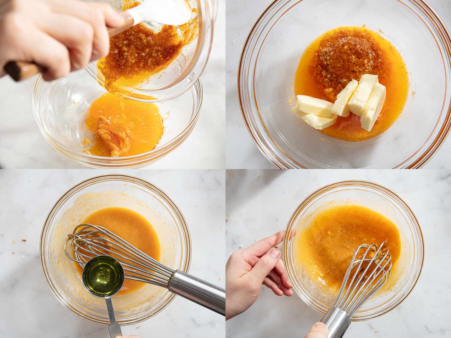 Four image collage of overhead view of making garlic butter mixture