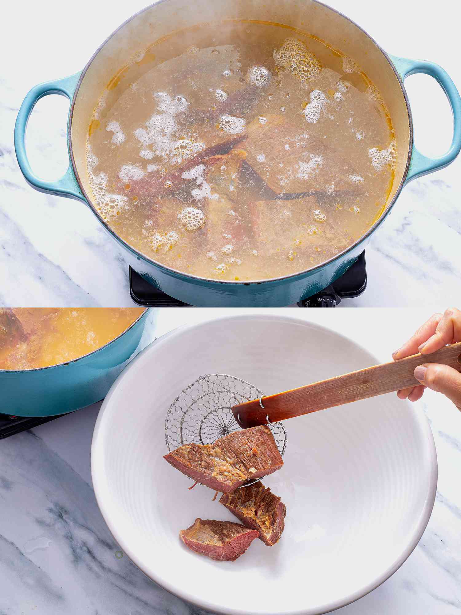 2 image collage. Top: Meat boiling in dutch oven. Bottom: taking meat out of dutch oven with spider skimmer 