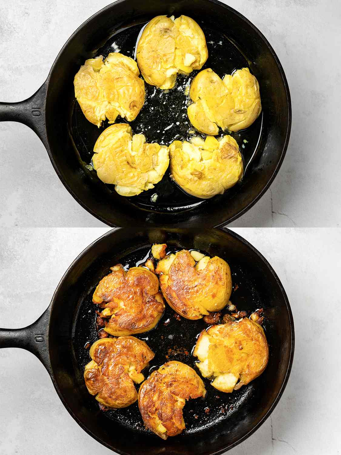 A two-image collage. The top image shows five smashed potatoes placed into a cast iron pan holding half a cup of hot oil. The bottom image shows the potatoes in the pan, flipped over, revealing they have turned golden brown.