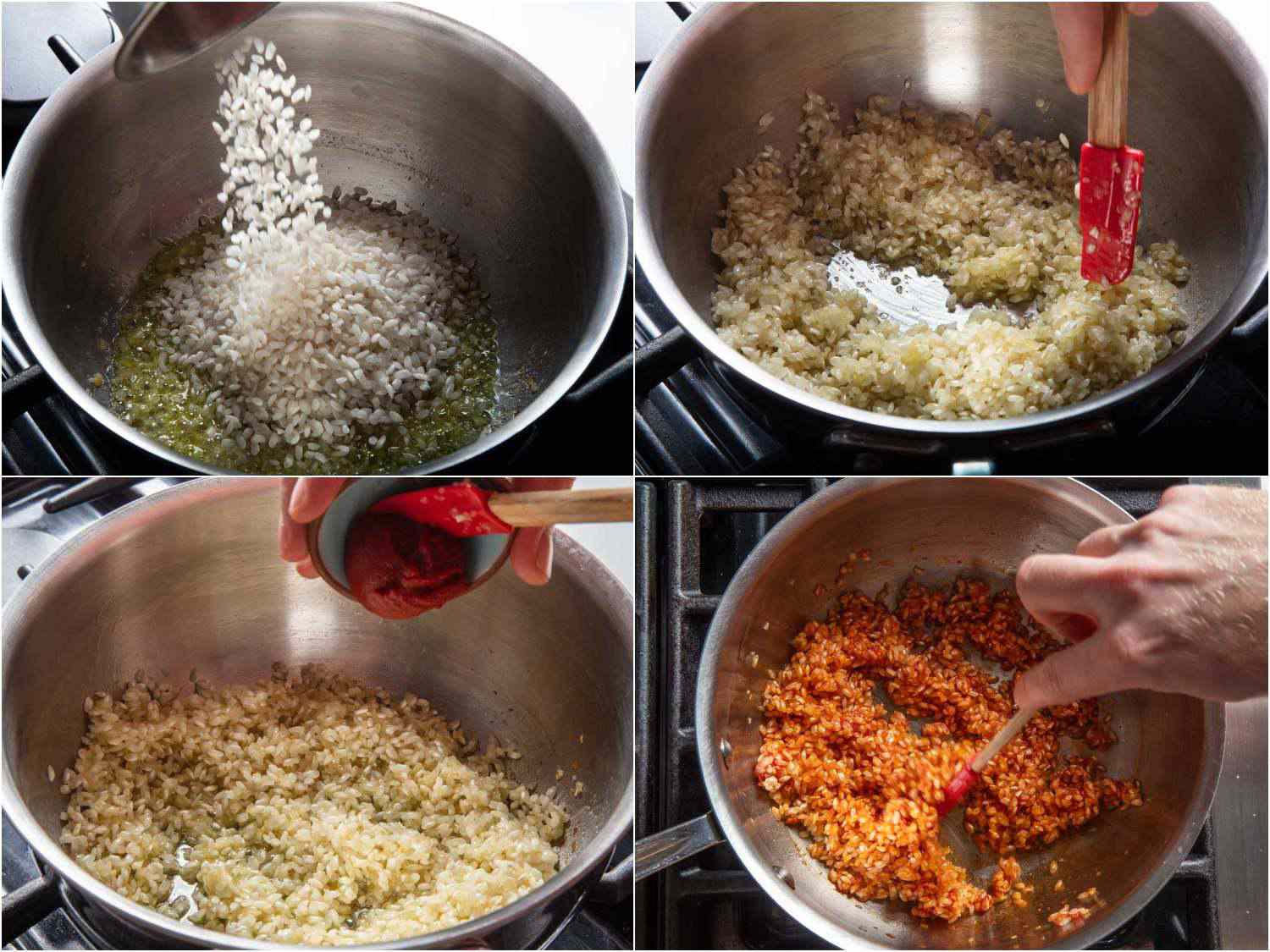 A four-image collage of rice being stirred into aromatics before adding tomato paste and stirring to combine. 