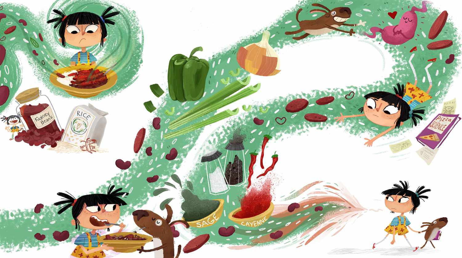 A fanciful illustration of a child's impressions and meandering thought-process as they consider the ingredients for red beans and rice.