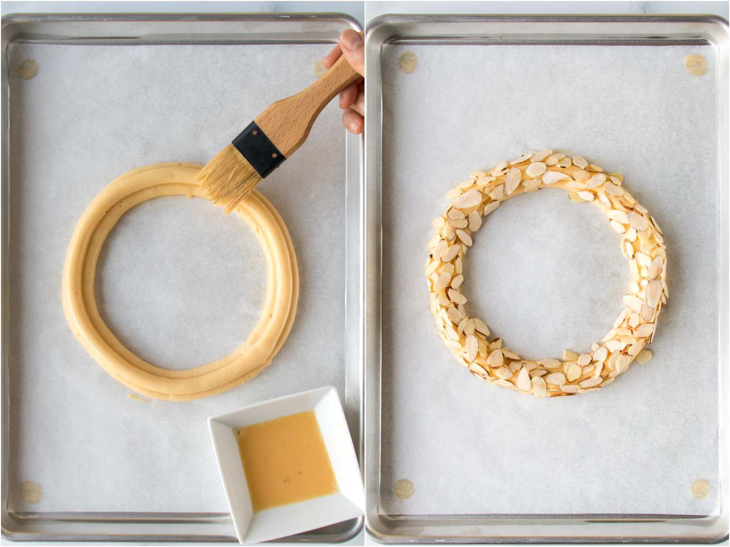 A two-image collage. The left image shows choux rings being gently brushed with a light layer of egg wash with a pastry brush. The right image shows the choux rings sprinkled with sliced almonds on a baking sheet.