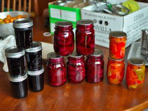 Jars with assorted homemade pickled vegetables resting on a wooden table.