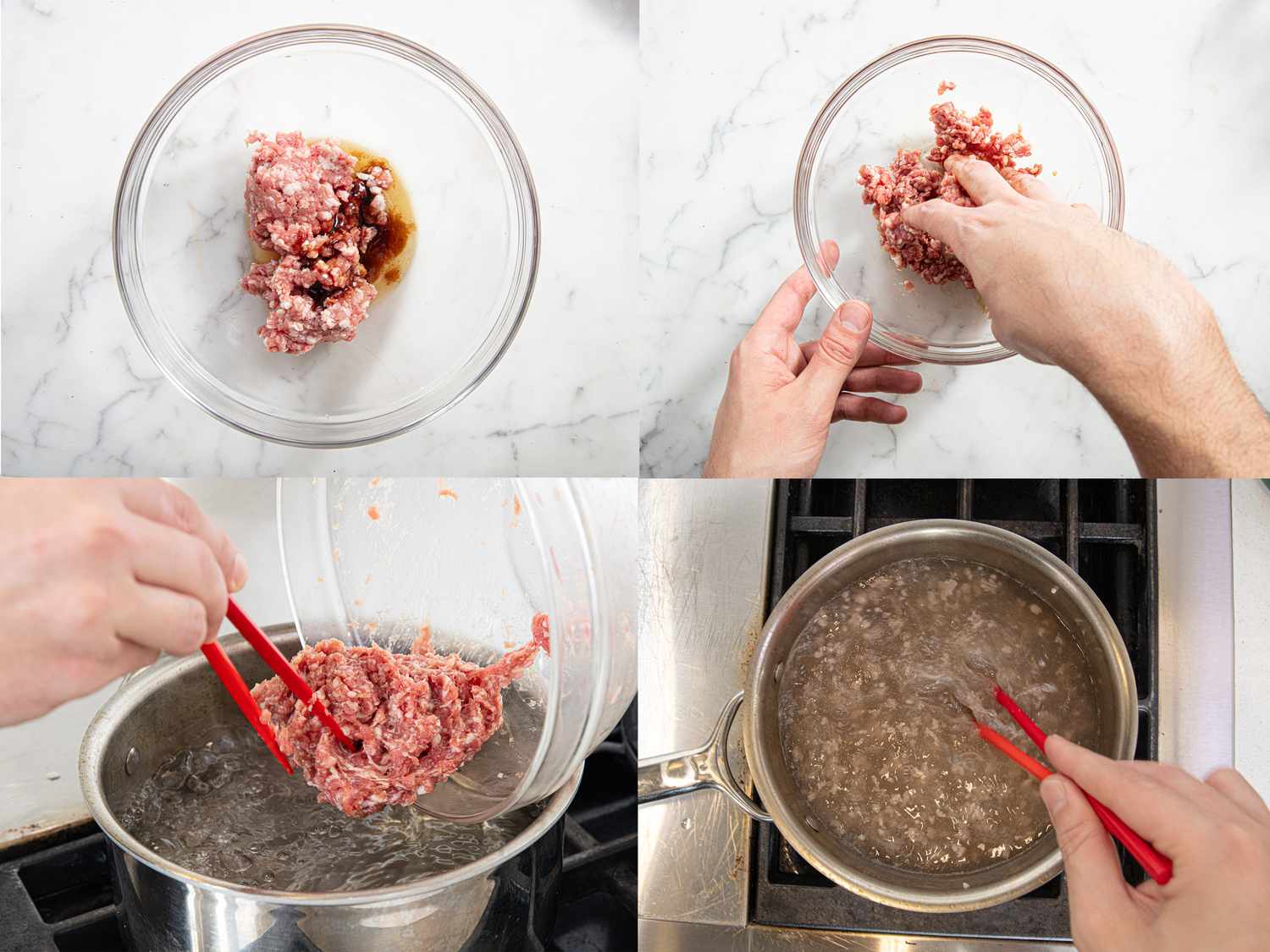 Four image collage of cooking the pork
