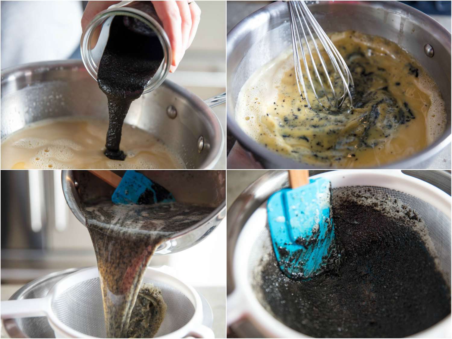 A four-image collage: stage of whisking black sesame paste into custard base, straining the mixture through a fine-mesh sieve and pressing the mixture in the sieve with a spatula.