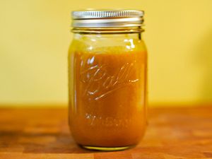 A jar of South Carolina-Style mustard sauce for barbecue.