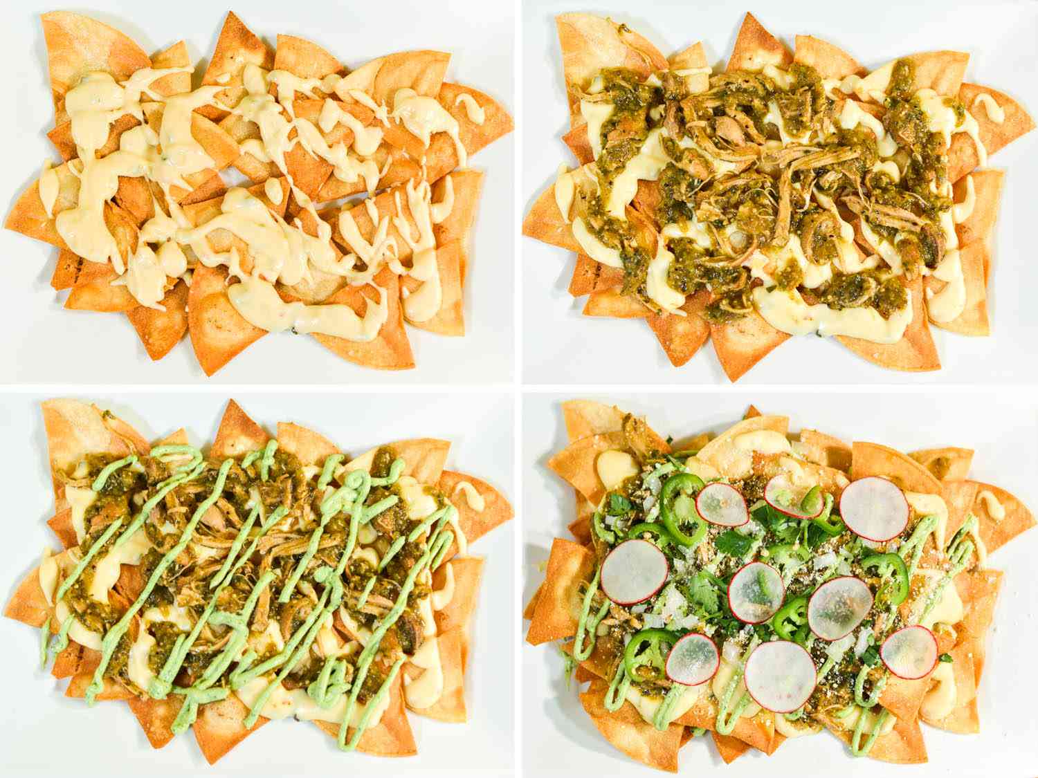 Collage of different layering stages of green chile chicken nachos