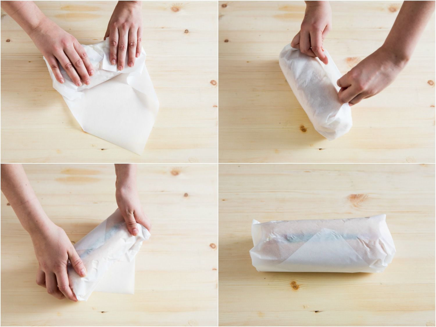 A four-image collage showing a pair of hands finishing the process for wrapping a long sandwich in paper.