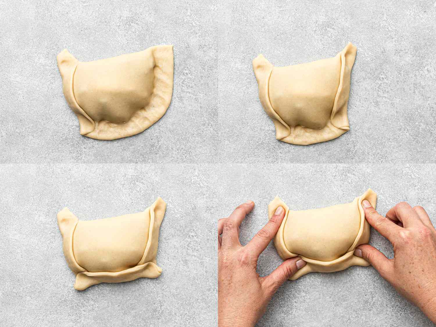 Empanada folding process shown step by step, hands folding edges in the last step.