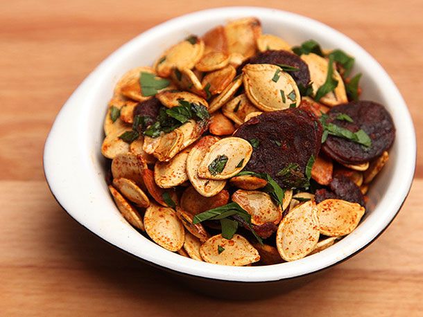 Closeup of roasted Pumpkin Seeds With Chorizo and Smoked Paprika