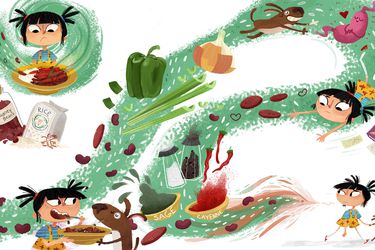 A fanciful illustration of a child's impressions and meandering thought-process as they consider the ingredients for red beans and rice.