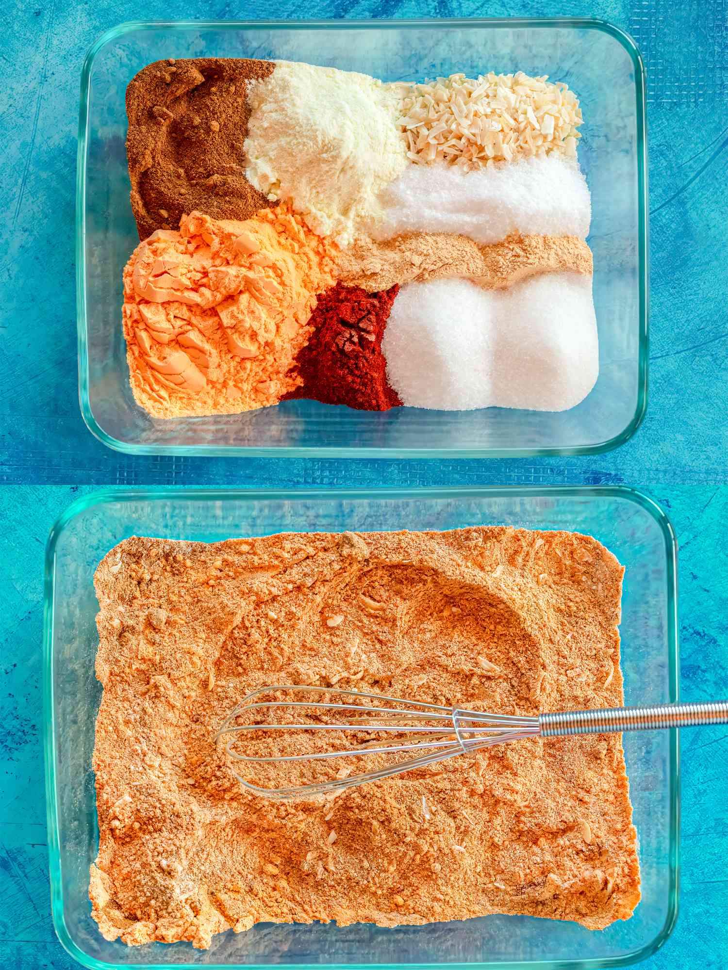 Two image collage of seasonings before and after being mixed