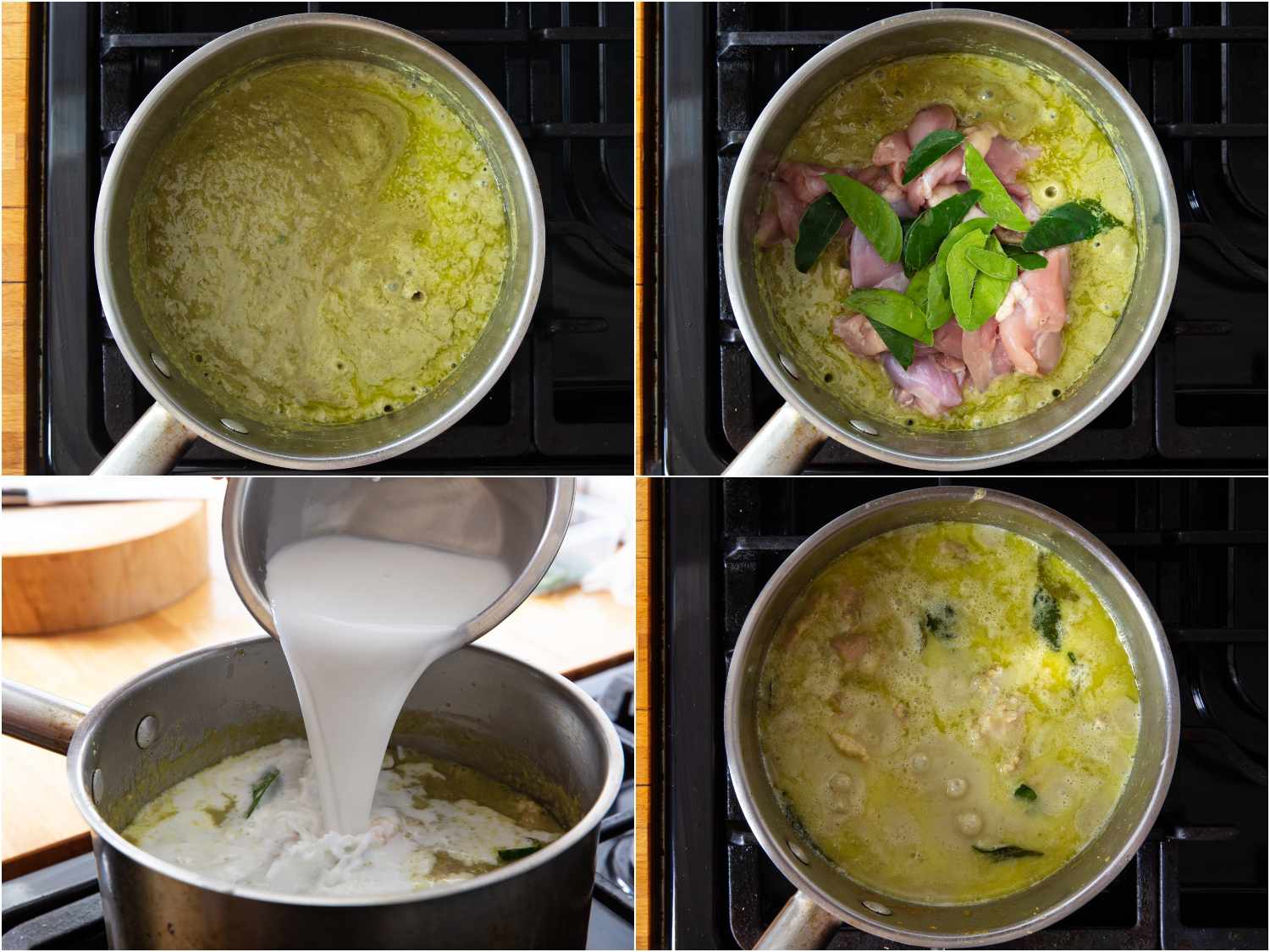 collage: palm sugar and fish sauce added; chicken and makrut lime leaves added; thinned coconut milk mixture added; curry simmering on stove
