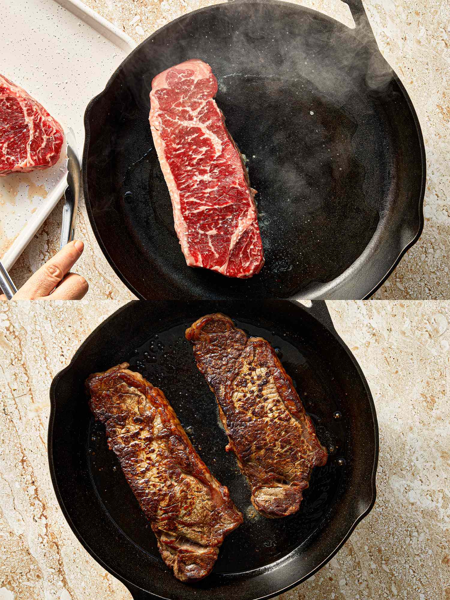 Two stages of cooking Carne Asada in a skillet raw steak on top and cooked steak at the bottom