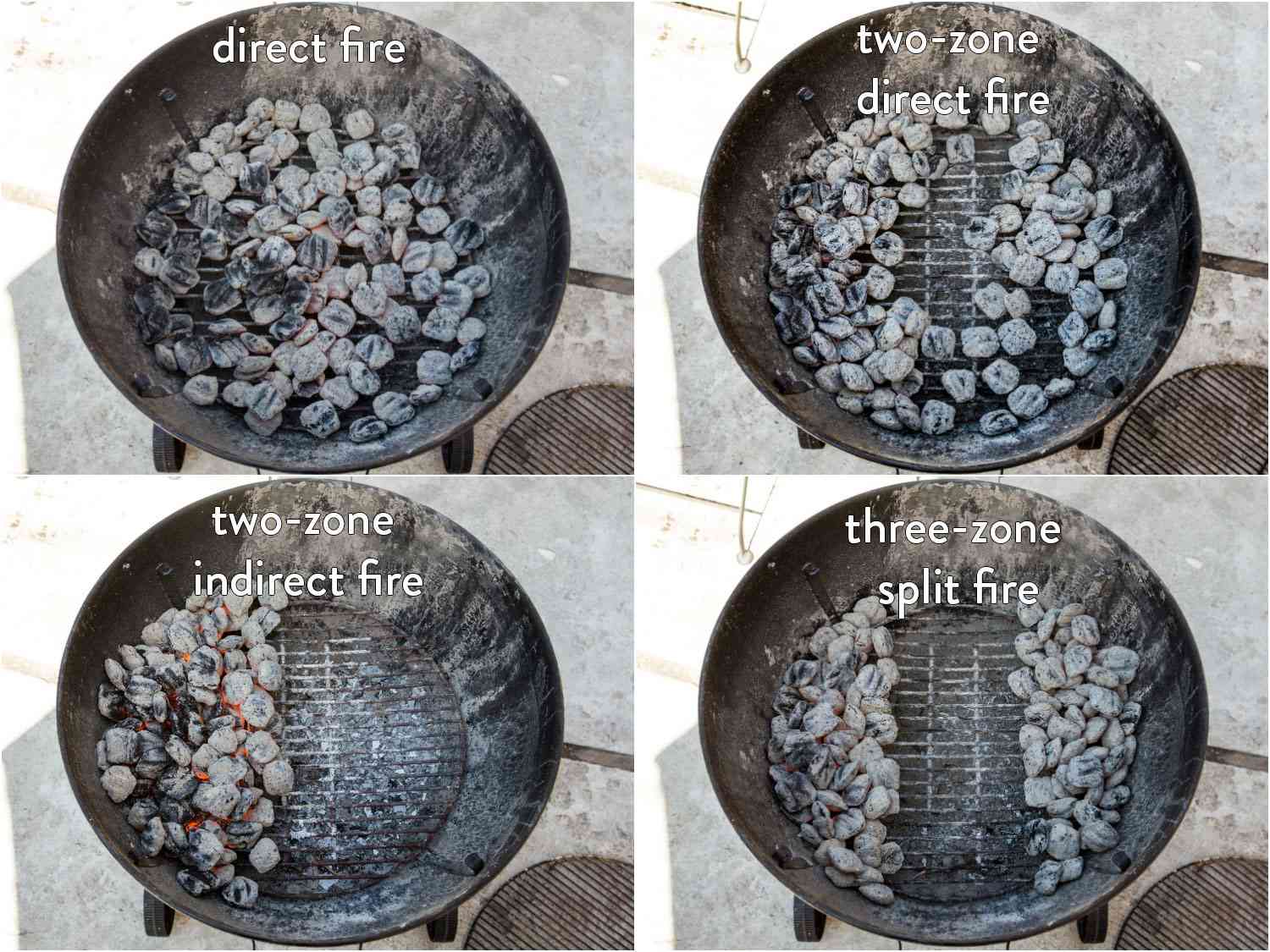 A four photo collage: top left, coals arranged all over for a direct fire, top right, coals arranged around the outside (one a thick layer, one a thin layer) for a two-zone direct fire. Bottom left, coals arranged on one side for a two-zone indirect fire, and bottom right, coals separated on either side for a three-zone split fire.