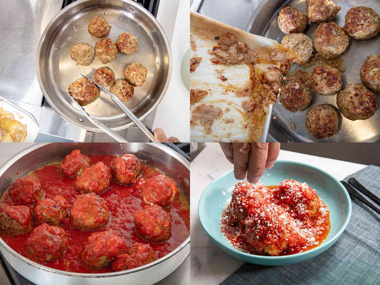 four image collage of finishing meatballs