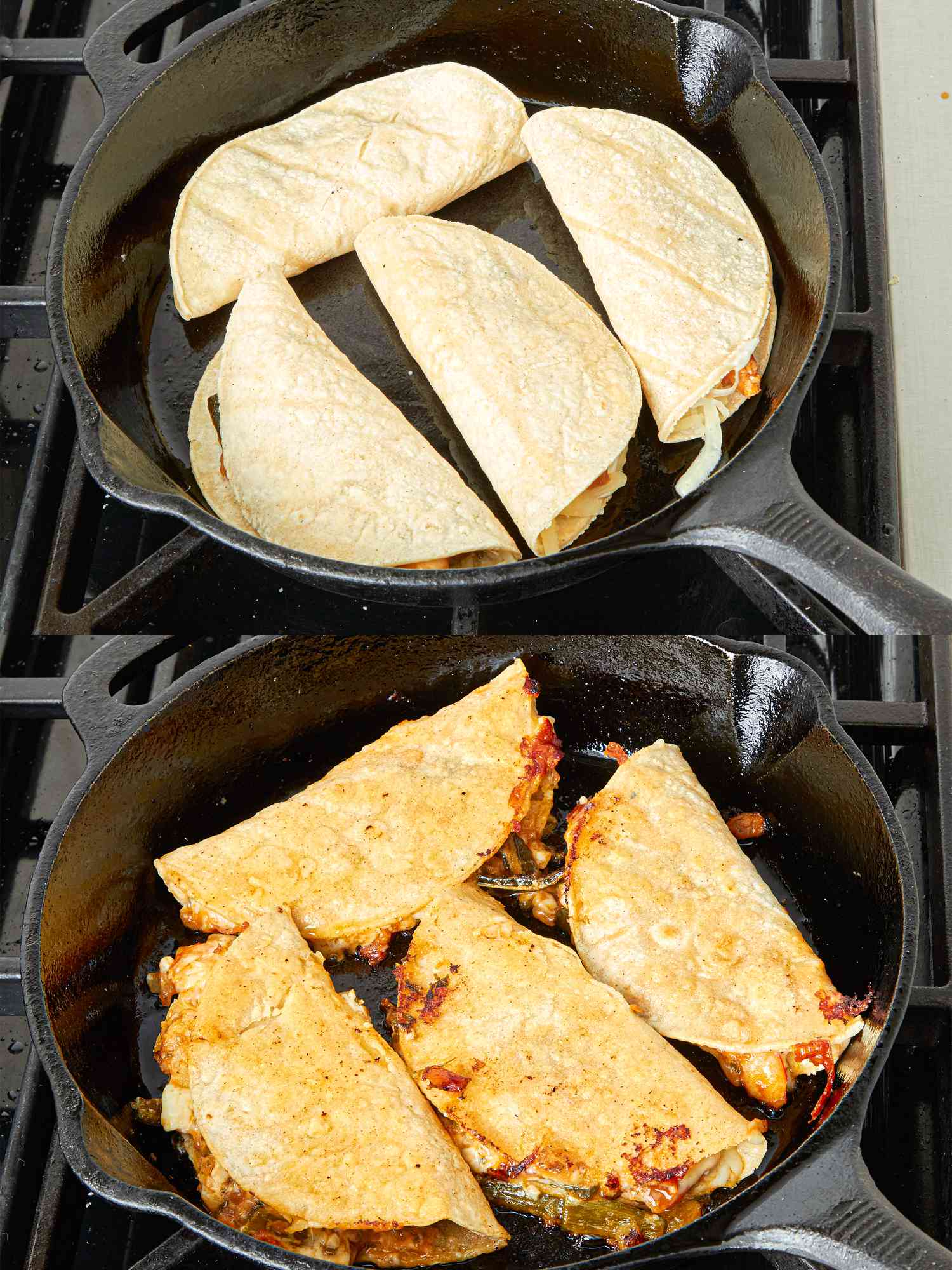 Overhead view of cooking tacos